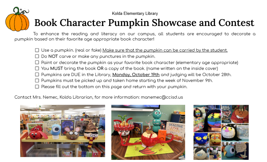 Document with "Book Character Pumpkin Showcase and Contest" title. Several photos of decorated pumpkins displayed below. Pumpkins with faces, characters, and creative designs.
