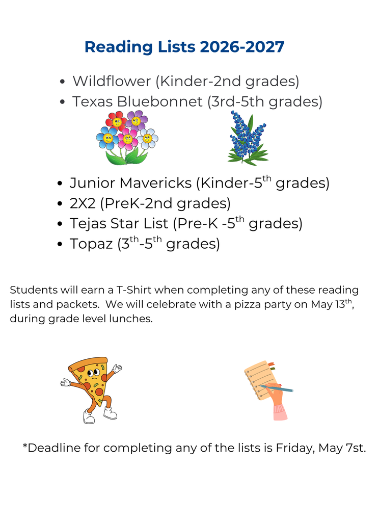 Blue and white background with white text. A list of reading lists for students and a deadline.
