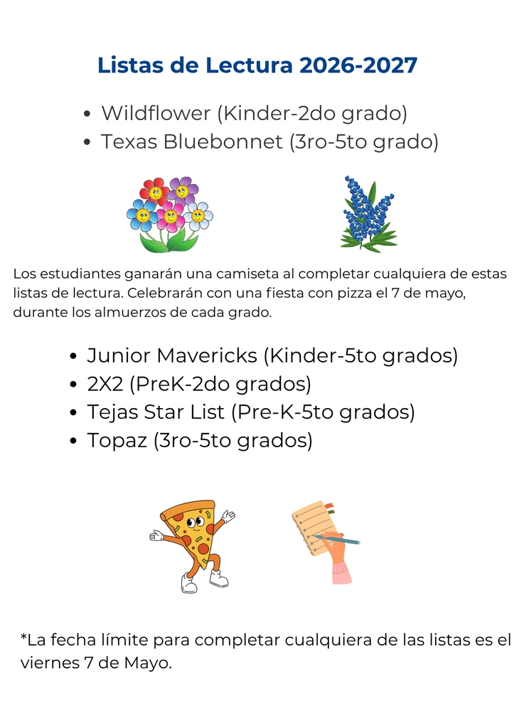 A page shows reading lists for 2026-2027, including Wildflower, Texas Bluebonnet, Junior Mavericks, 2X2, Tejas Star List, and Topaz.