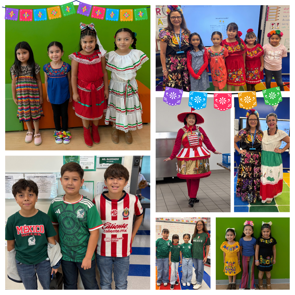 Nine photos of children in traditional attire with Mexican flags in the background. Some are in school uniforms.