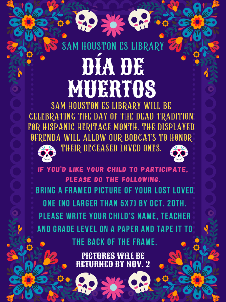 Purple background with colorful flowers and skulls. Text reads "DIA DE MUERTOS" and instructions for participating in the event.
