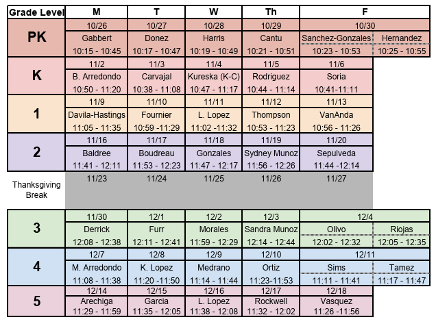 Dawson Parent Lunch Visit Schedule - Fall 2026