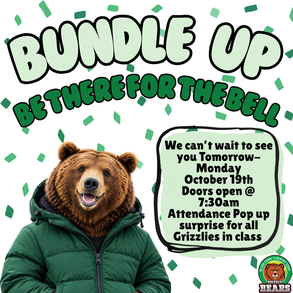 Bear in green coat smiling, surrounded by green confetti. Text reads, 'Bundle Up, be there for the bell'.