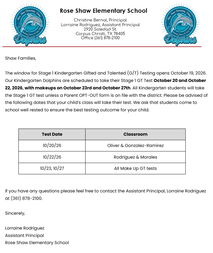 Kinder GT Testing Dates