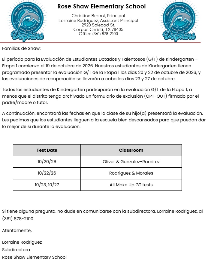 Kinder GT Testing Dates (Spanish)