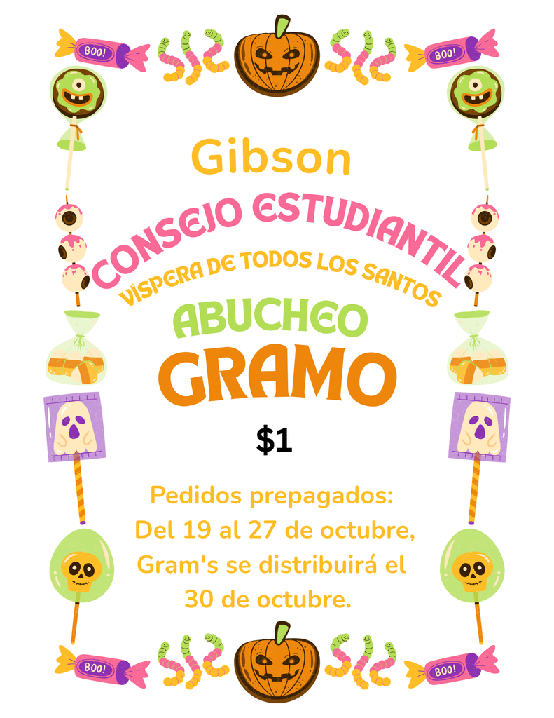 Halloween-themed flyer for a candy sale. Pumpkins, candy, and skulls. Spanish text on flyer.