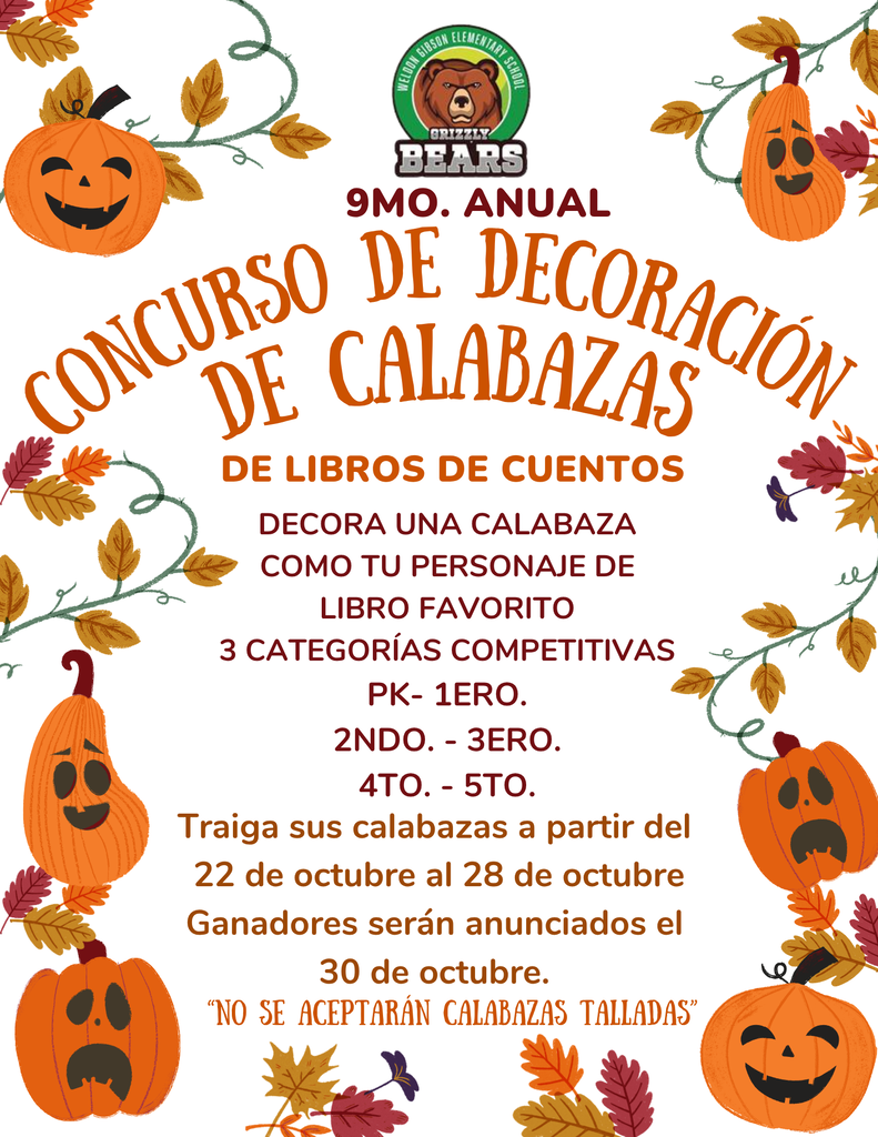 Graphic with multiple pumpkins and leaves. Text in two languages. Contest for pumpkin decorations.