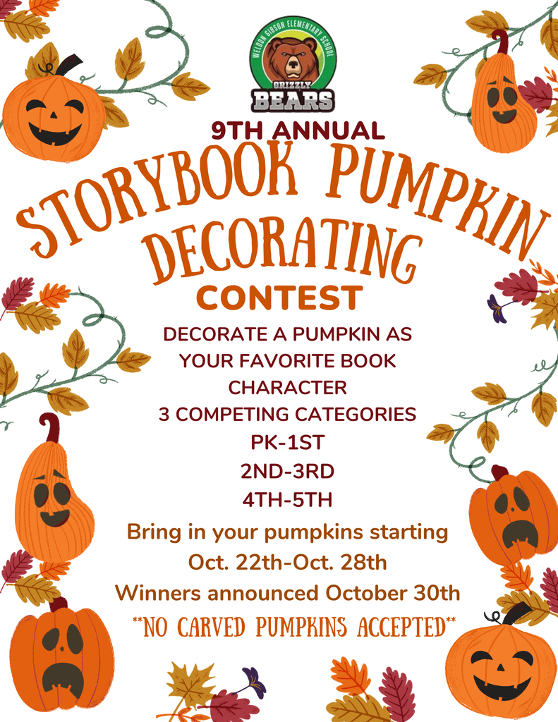 A colorful graphic with three pumpkins and autumn leaves, text reads, "Storybook Pumpkin Decorating Contest."