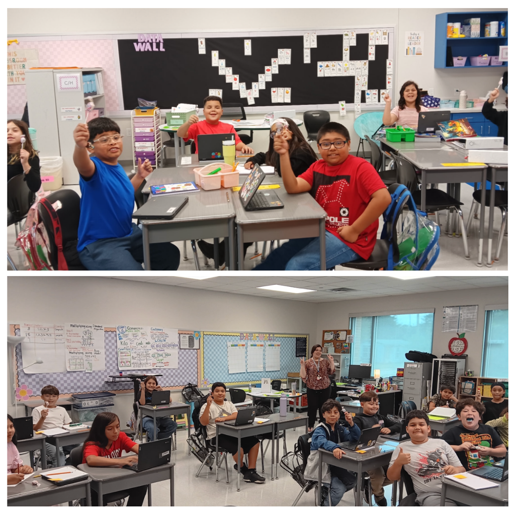 Two panels of a classroom with students seated at desks. One shows two students raising hands. Another shows students seated and working on laptops.