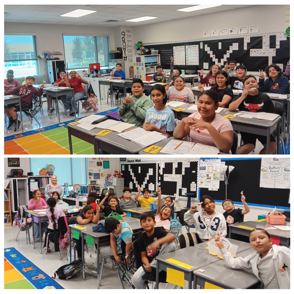 Two collages of children in classroom setting. One collage shows children sitting at desks. Another shows children standing at desks.