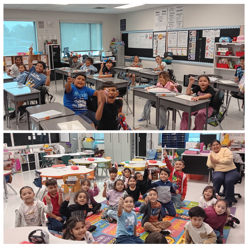 Two photos of young students sitting in classroom desks and sitting on a carpeted floor.