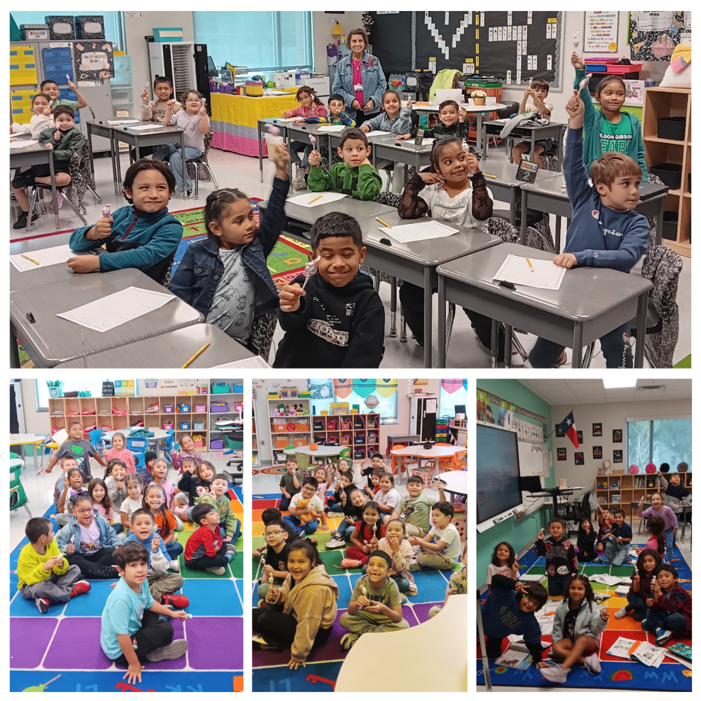 Four photos show students in a classroom; some seated at desks, others on the floor, all engaged in activities.