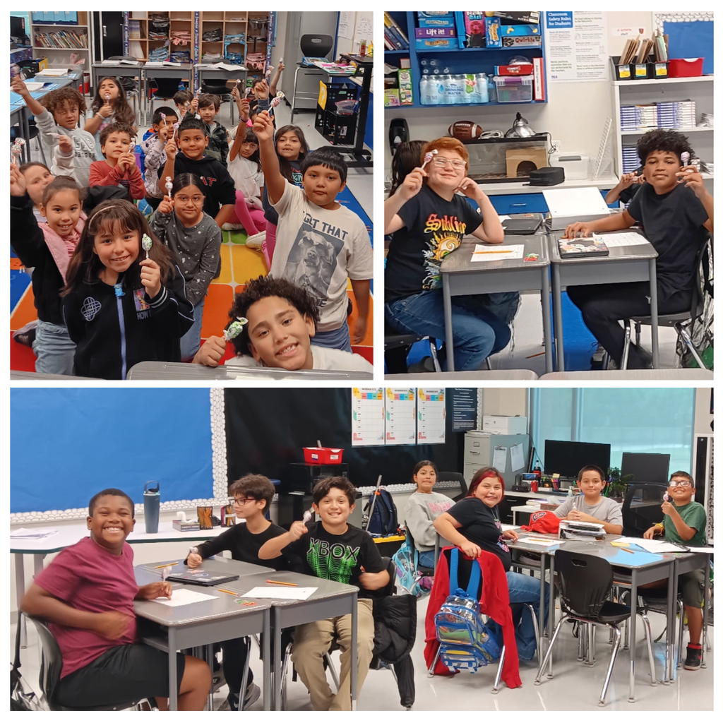 Four photos of children in a classroom, smiling and sitting at desks, with some raising hands.