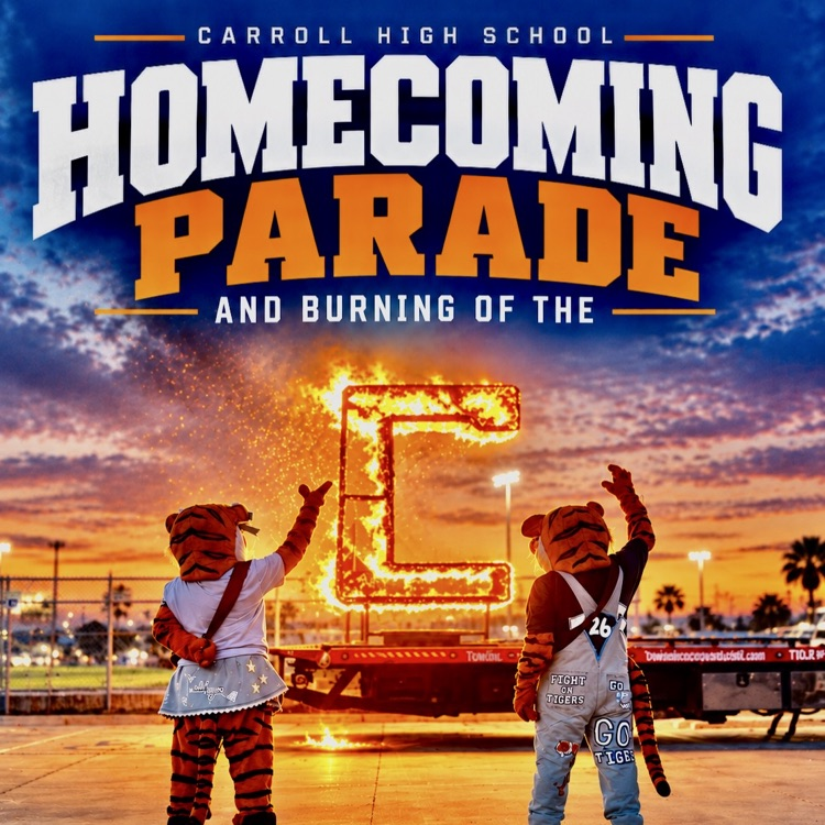 Two mascots waving at a glowing letter C, against a background of stadium lights and palm trees.