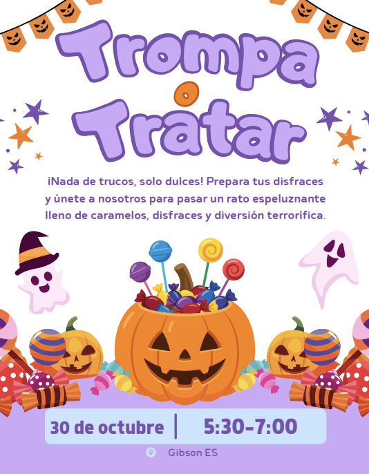 Poster with Halloween decorations: pumpkins, candy, and a witch hat. Center features a pumpkin filled with candy.