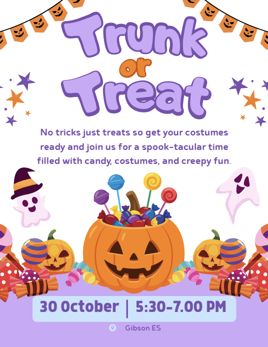 Poster with pumpkins, candies, and text. Text reads, "Trunk or Treat, No tricks just treats."