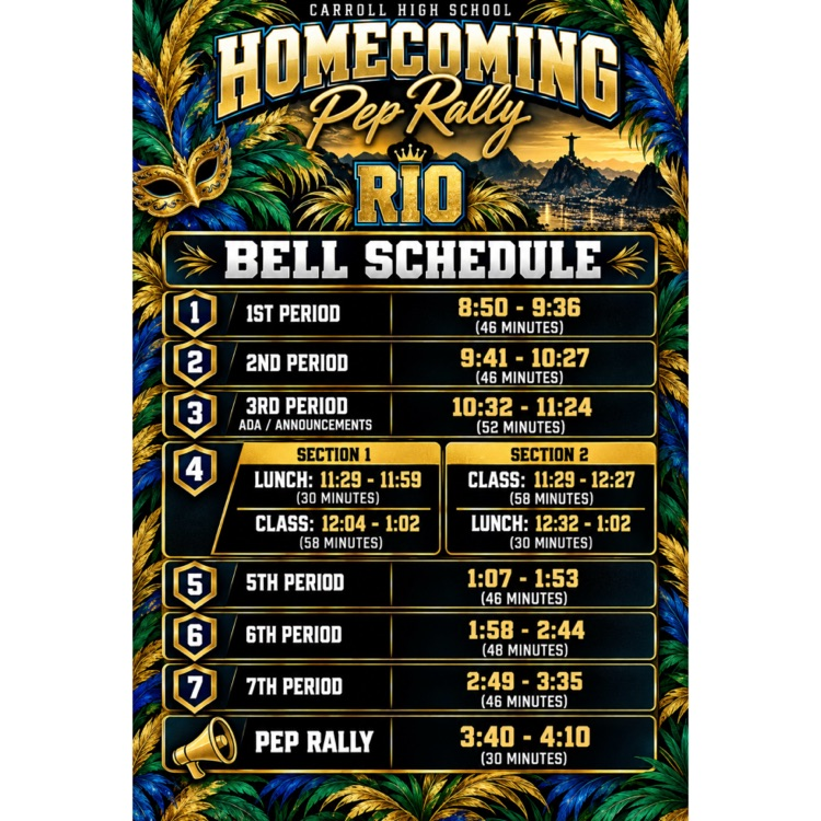 A colorful schedule poster has golden elements and tropical designs. It lists school periods, lunch, and the pep rally.