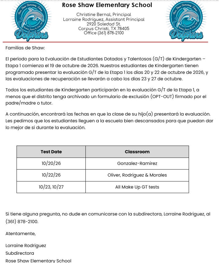 Kinder GT Testing Dates