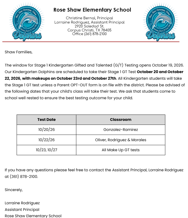 Kinder GT Testing Dates