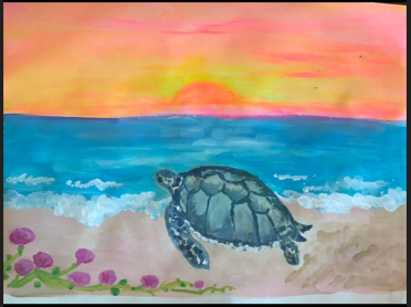 Watercolor painting of a turtle moving from the ocean to sandy beach. Pink flowers near turtle.