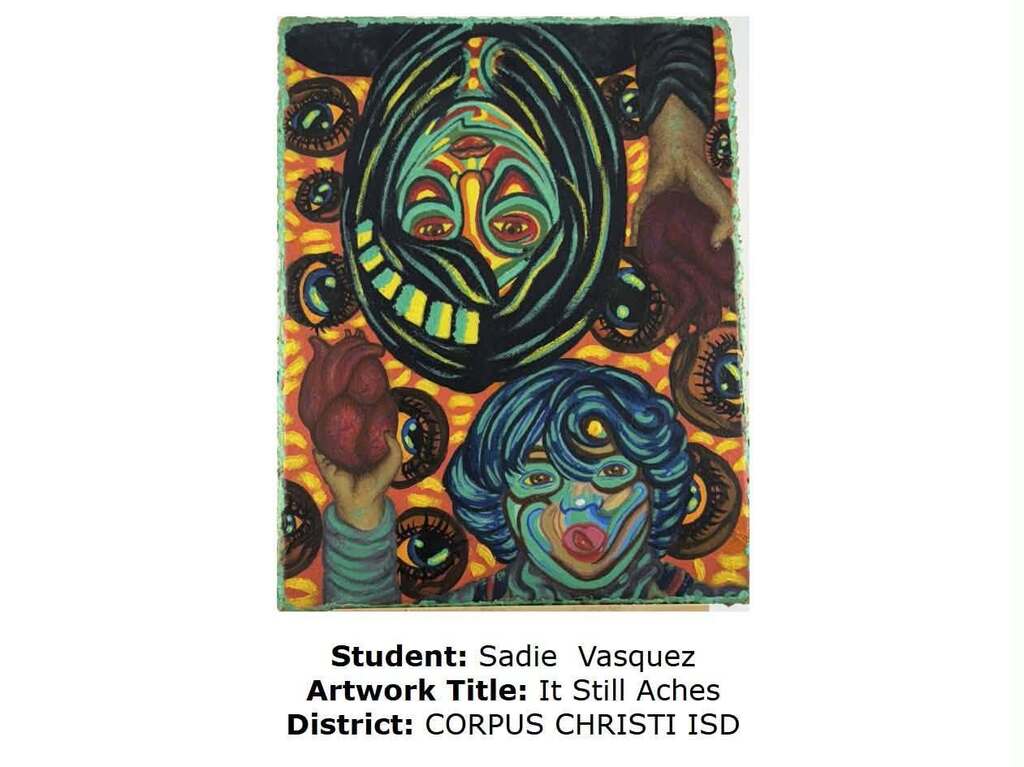 Colorful painting with three faces, one holding a red heart. Artwork by Sadie Vasquez, Corpus Christi ISD.