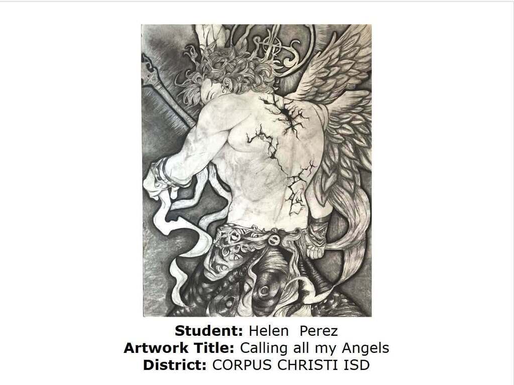 Black-and-white drawing of an angelic figure with wings and a halo, holding a staff.