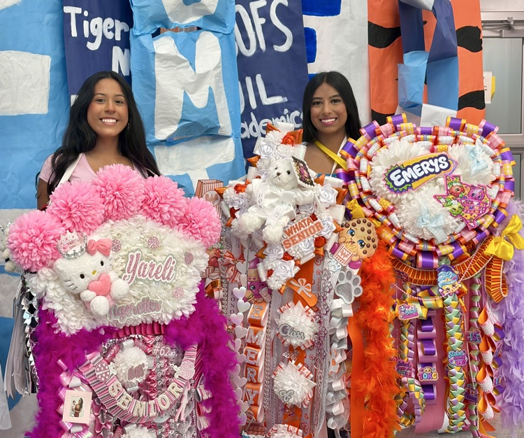 Two women stand with large, colorful, elaborately decorated ribbons, one pink, the other multicolored.