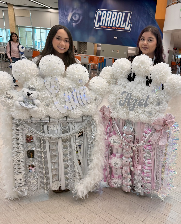 Two students hold decorated boxes; one says "Emily" and the other "Tatziel". They wear white and pink costumes with stuffed animals. Behind them, a wall displays a blue "Carroll" banner.