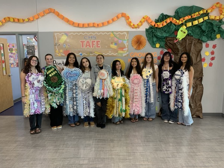 Students in dresses made from recycled materials stand in front of a decorated wall.