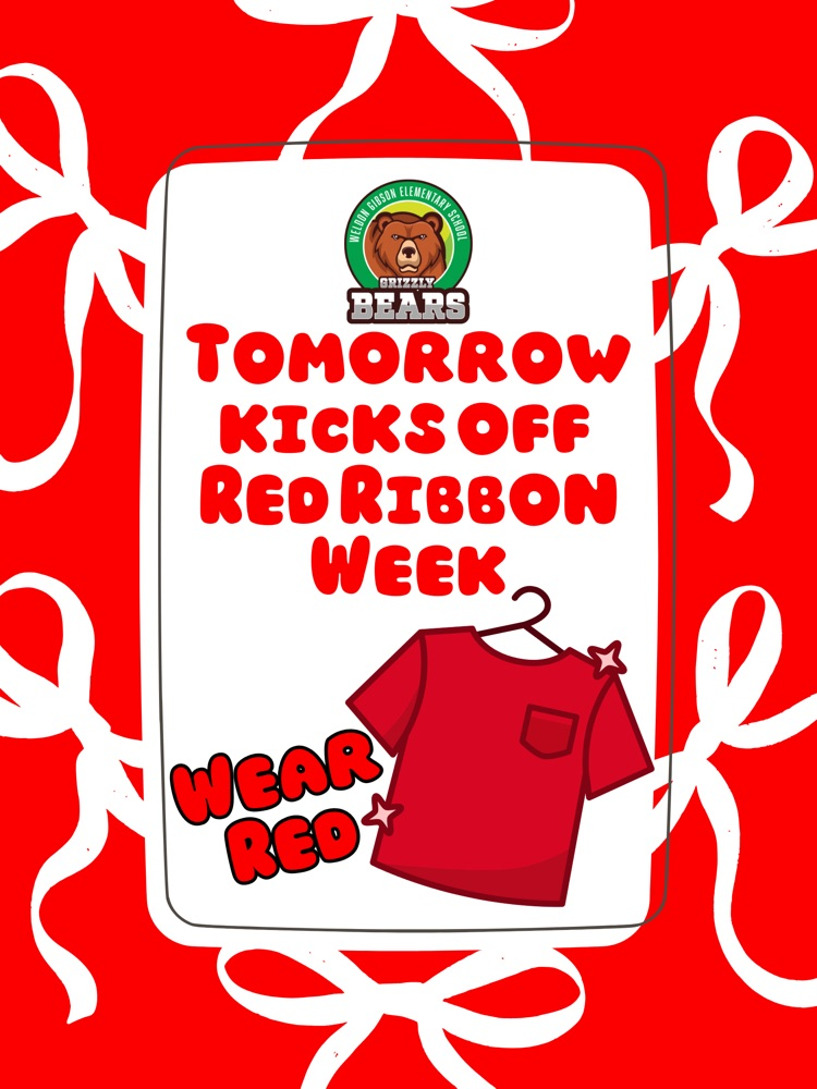 White card with red text reads "TOMORROW KICKSOFF RED RIBBON WEEK". A red shirt is on a hanger.