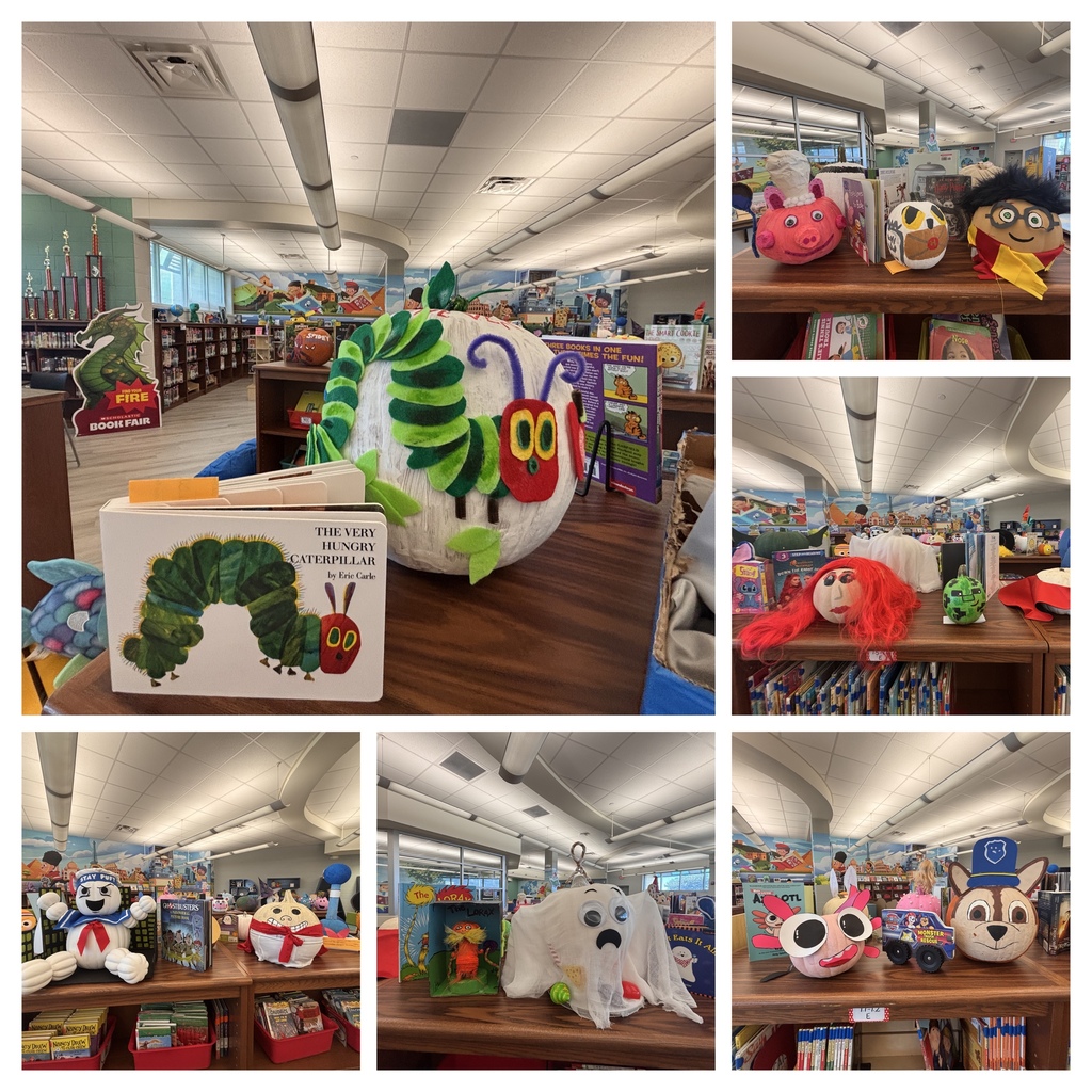 Collage of images of a library. A table with a pumpkin and book. A shelf with stuffed toys.