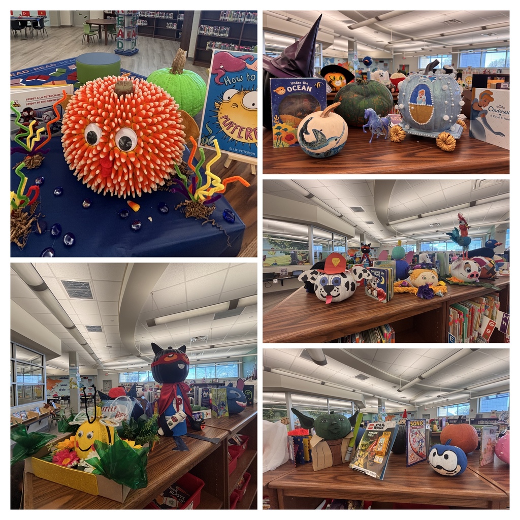 Four photos show displays of Halloween decorations. Items include pumpkins, a cat, and a book.