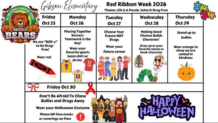 Red Ribbon Week 2026 theme poster with days of the week and activities. Illustration of people and pumpkin.