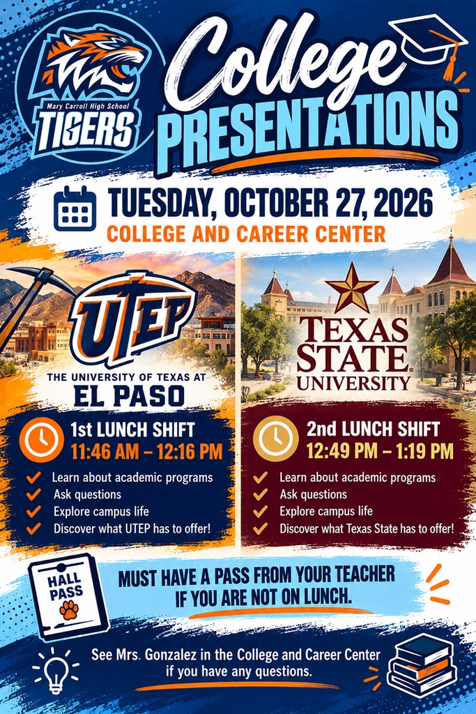 Poster with two columns. Left column reads "College Presentation" and lists details. Right column reads "TEXAS STATE UNIVERSITY" and lists details.