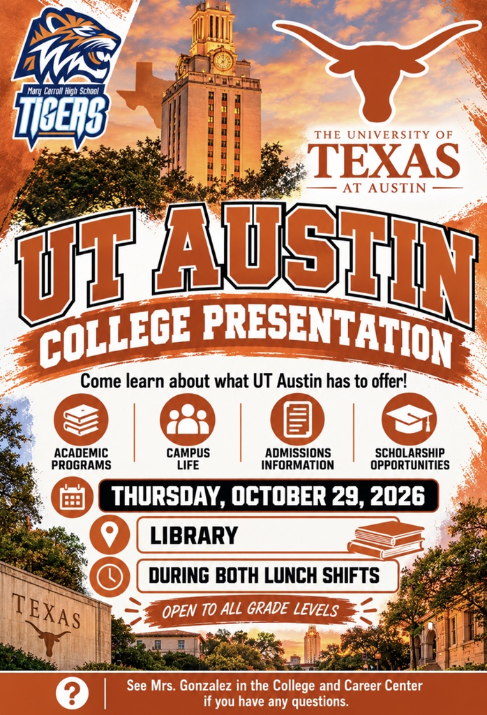 Advertisement for UT Austin college presentation. Features a clock tower in background, information about programs, campus life, admissions, scholarships.