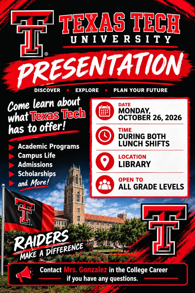 A poster advertises a Texas Tech University presentation, featuring text, icons, a campus image, and banners.