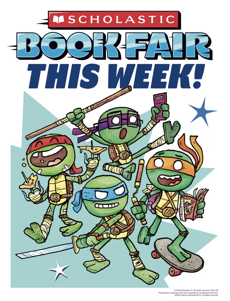 Four teenage mutant ninja turtles holding weapons, books, and a skateboard with a blue and white background.