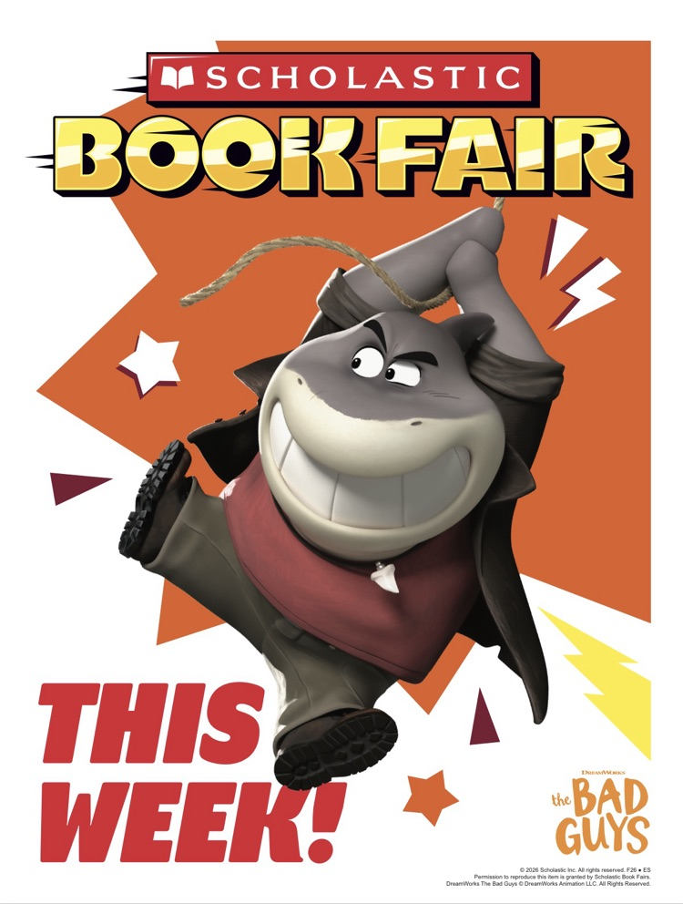 Poster with cartoon character, "Scholastic Book Fair This Week!" text, and white stars on orange background.