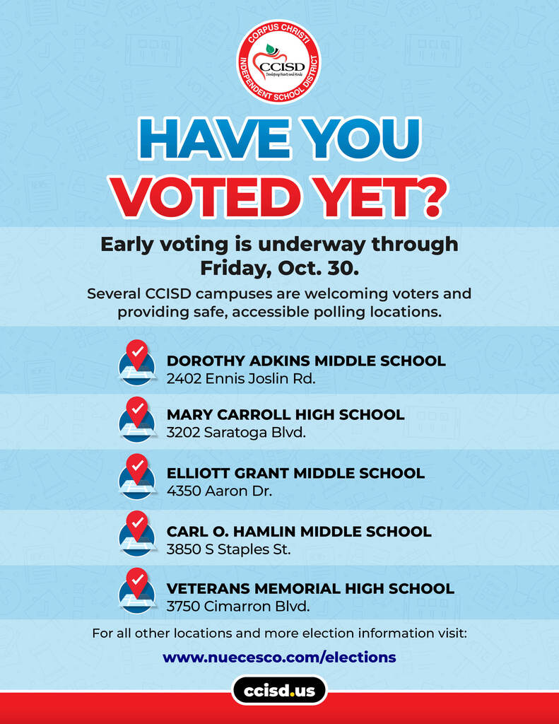 Blue and white graphic with text about early voting. Several schools listed as locations.