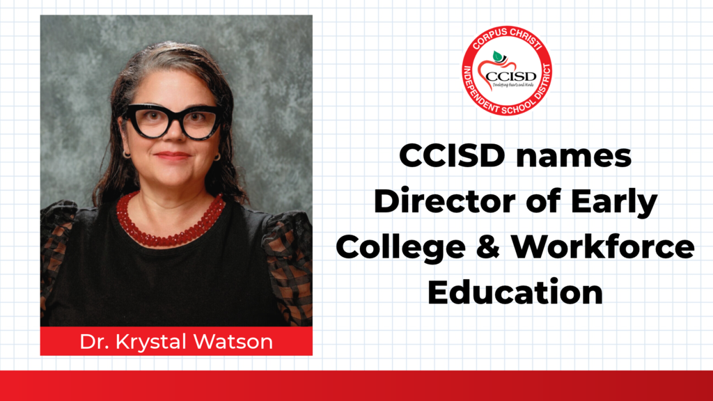 Person in black top with red collar, wearing glasses. Text "CCISD names Director of Early College & Workforce Education" and logo.