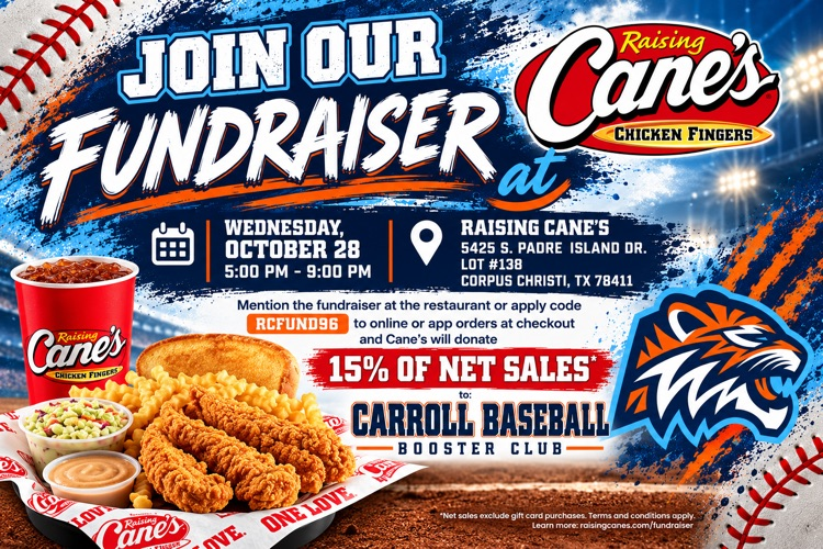 Baseball fundraiser flyer for Carroll Booster Club featuring food, red cup, and chicken, with text for date and location.