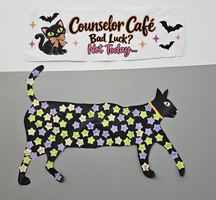 Black cat cutout with stars and purple accents, attached to gray background. Above cat is a white banner with black cat and bats. Words read "Counselor Café Bad Luck? Not Today!"