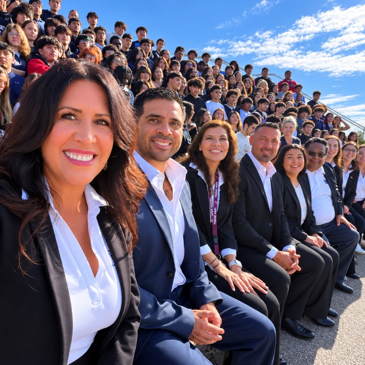 Several people in business attire sit on bleachers with a crowd of students in the background.