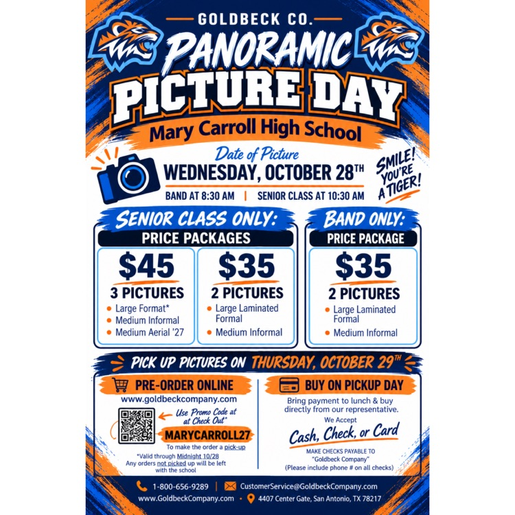 Poster with orange and blue background, white text, and a black and white QR code. It says "Panoramic Picture Day" and lists price packages for different numbers of pictures.