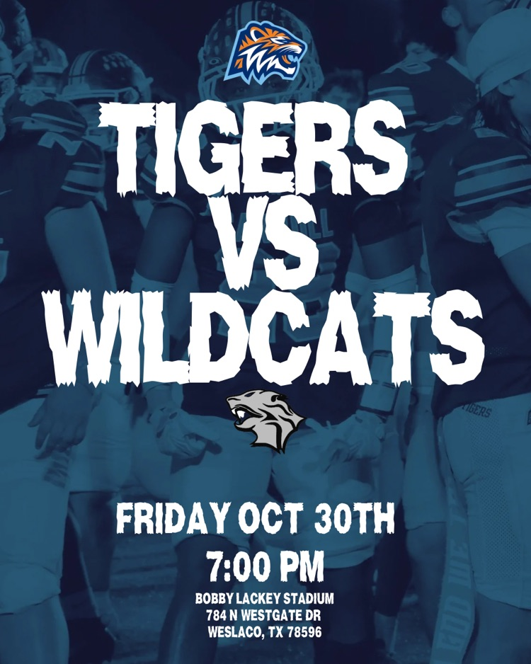 Poster with blue and white graphic of two mascots facing each other with text "Tigers vs Wildcats".