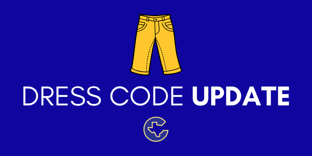Blue graphic with a yellow pants icon above the text “Dress Code Update” and a small Corsicana ISD logo below.