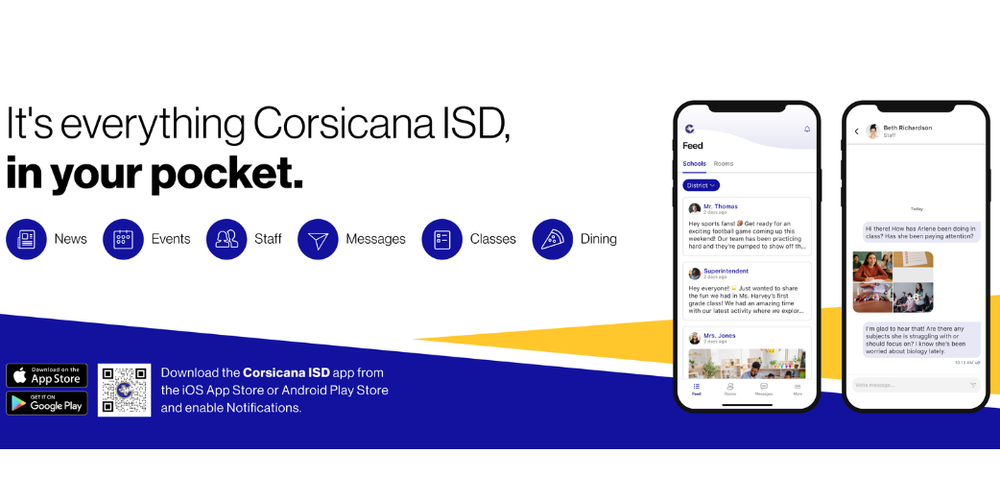 graphic with phones and language promoting new Corsicana ISD app
