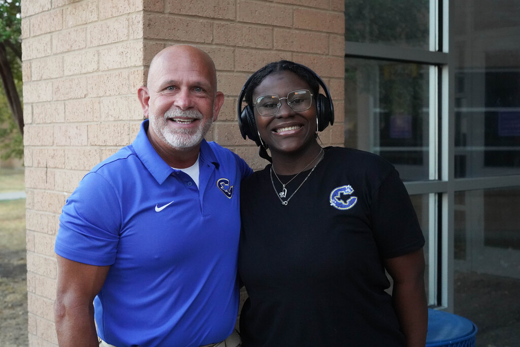 A retired teacher and a student on You Matter Day at Corsicana High School