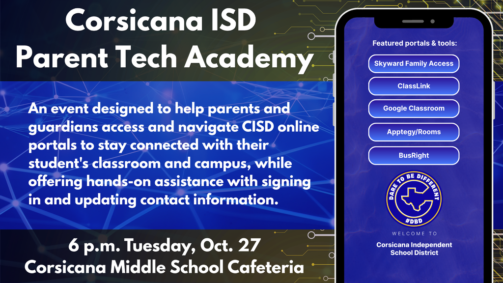 School event flyer announces Corsicana ISD Parent Tech Academy event details—6 p.m., Tuesday, Oct. 27, Corsicana Middle School Cafeteria