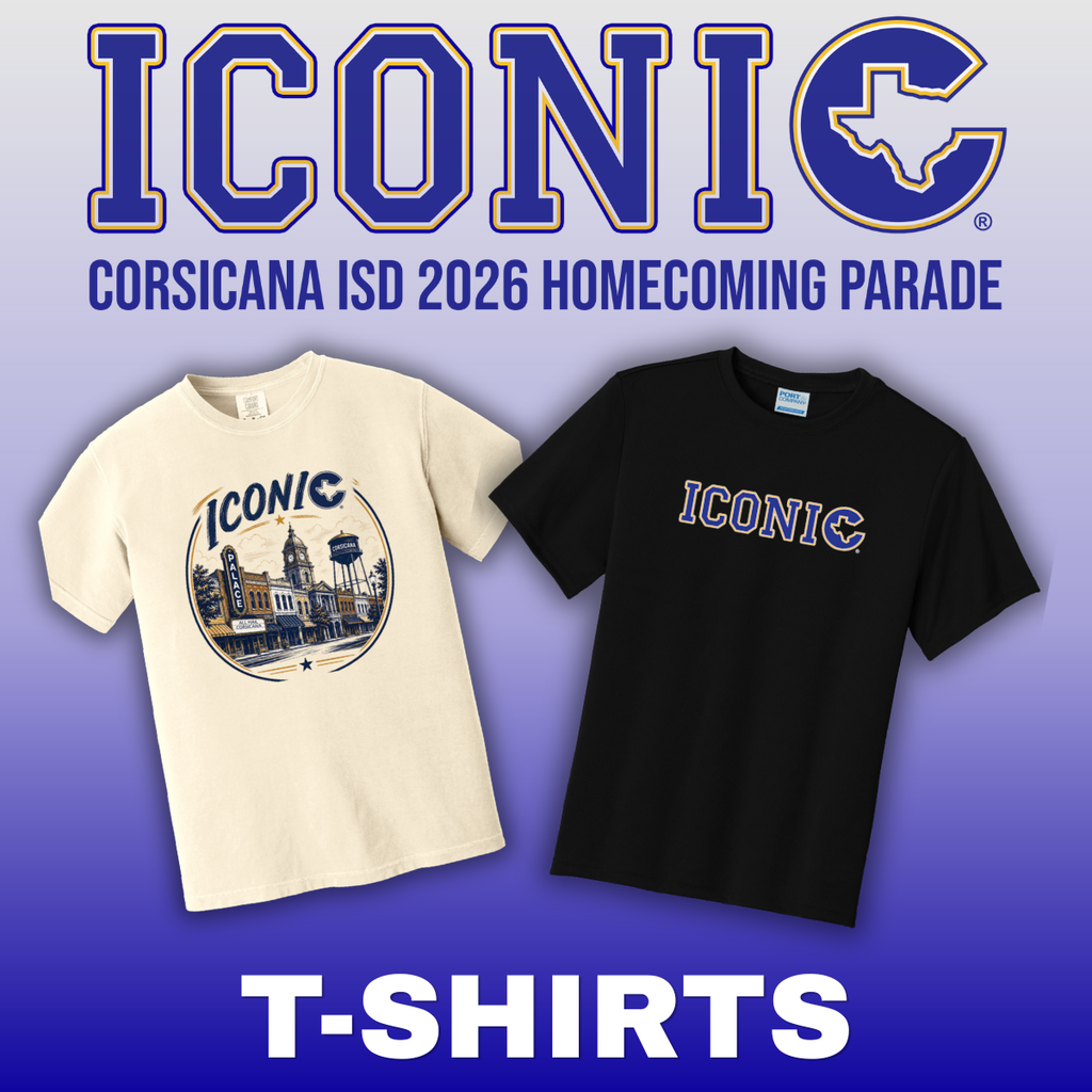 Graphic advertisement featuring two ICONIC T-shirts for Corsicana ISD’s 2026 Homecoming Parade